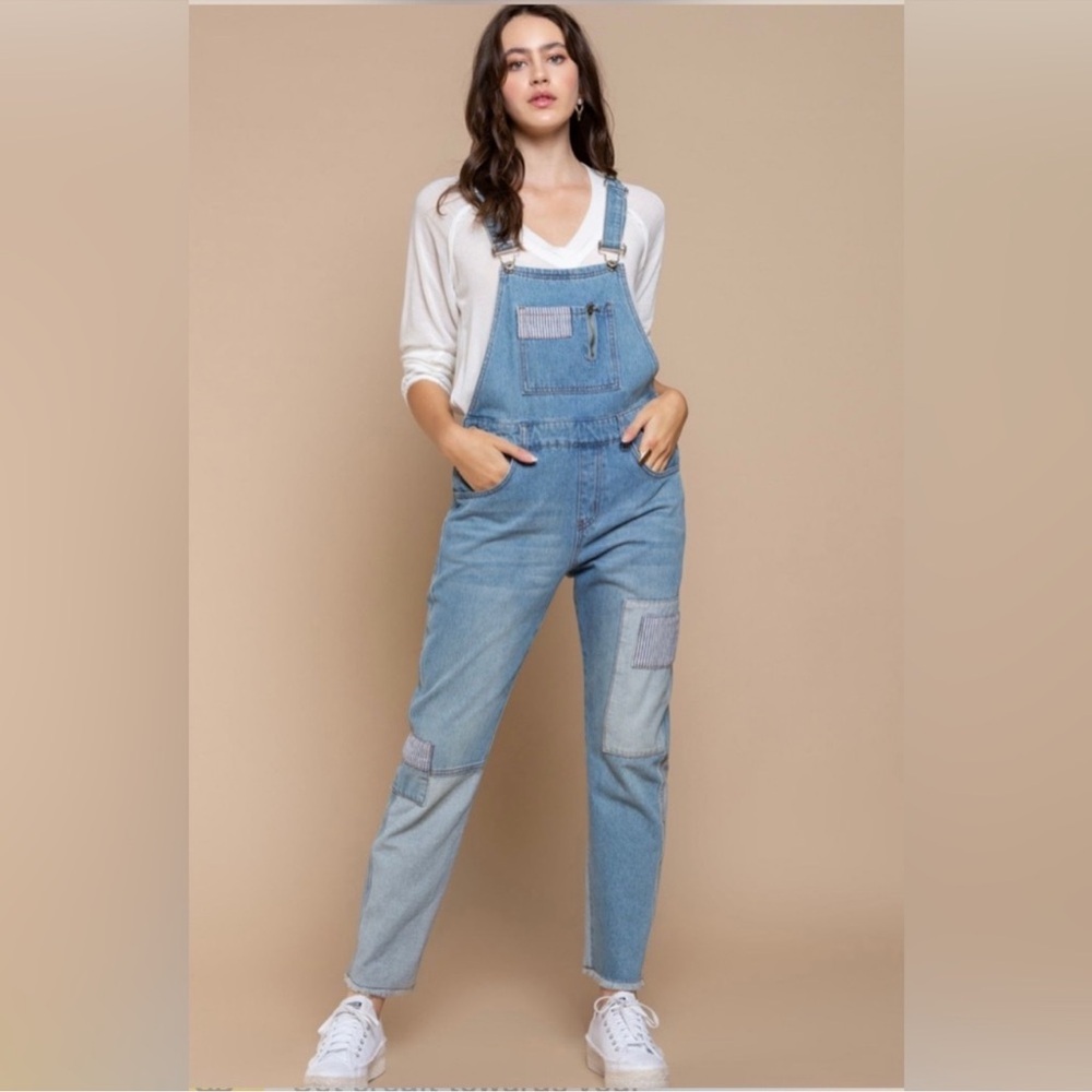 NEW POL Light Blue Patchwork Denim Overalls
